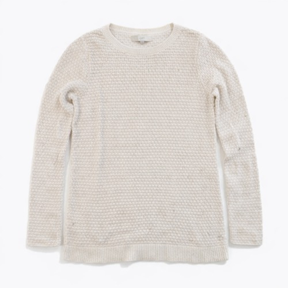 Women's Cream Chunky Knit Cropped Crewneck Sweater with Pocket Size L Oversized
